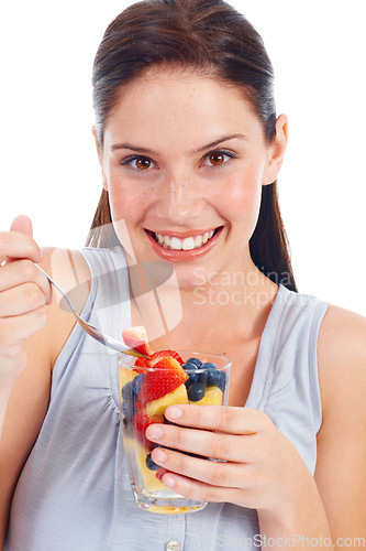 Image of Portrait smile, woman or fruit salad for body weight loss, vegan diet or healthcare detox for wellness lifestyle. Food glass, nutritionist face or studio model eating isolated on white background