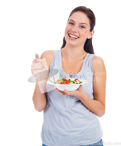 Image of Happy portrait, studio and woman with salad for weight loss diet, vegan healthcare or vegetables in wellness lifestyle. Food bowl, nutritionist and health model eating isolated on white background