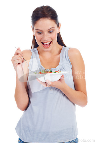 Image of Happy woman, studio surprise and wow salad for weight loss diet, vegan healthcare or vegetables for wellness lifestyle. Food bowl, nutritionist and health model eating isolated on white background