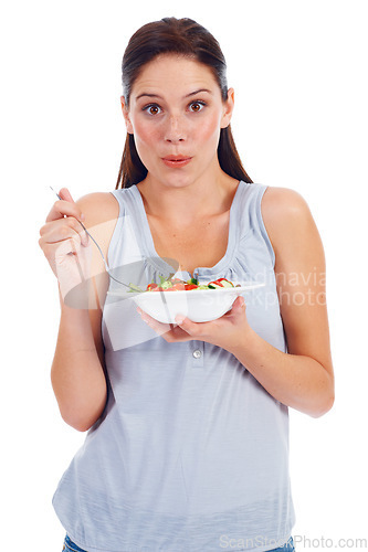 Image of Studio woman, portrait and delicious salad for weight loss diet, vegan healthcare or vegetables for wellness lifestyle. Food bowl, nutritionist and health model eating isolated on white background