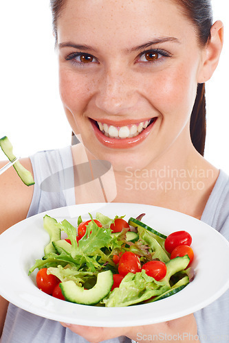 Image of Happy woman, studio face portrait and salad for weight loss diet, vegan health or vegetables for wellness lifestyle. Food bowl, nutritionist girl and closeup model eating isolated on white background