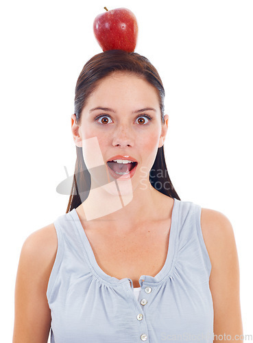 Image of Apple, health or portrait of woman surprise and fruit for nutritionist food, healthy eating or body wellness. Shocked vegan face, head balance or wow female person isolated on studio white background