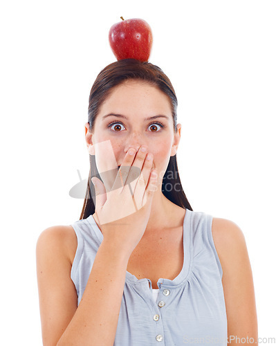 Image of Apple, face portrait or woman surprise with fruit product to lose weight, healthcare diet or detox for wellness lifestyle. Vegan health, nutritionist food or studio model isolated on white background