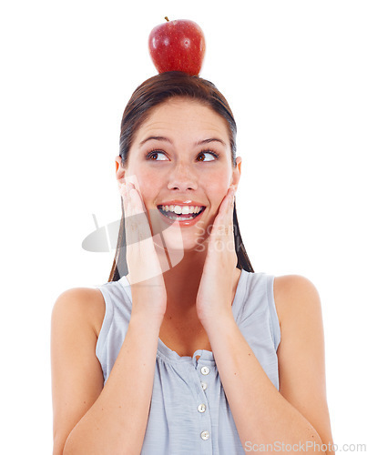 Image of Head balance, face and happy woman with apple fruit product to lose weight, diet or detox for wellness lifestyle. Vegan health, natural nutritionist food or female person isolated on white background