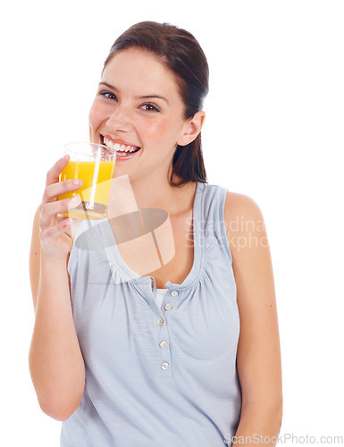 Image of Orange juice, studio portrait and happy woman with drink glass for hydration, liquid detox or natural weight loss. Healthcare wellness, nutritionist beverage and model isolated on white background