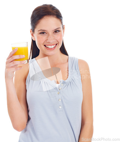 Image of Orange juice, studio portrait and woman with drink glass for body hydration, liquid detox or natural weight loss. Wellness smile, nutritionist beverage and female person isolated on white background