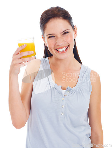 Image of Orange juice, happy portrait and studio woman with drink glass for hydration, liquid detox or natural weight loss. Healthcare wellness, nutritionist beverage and model isolated on white background