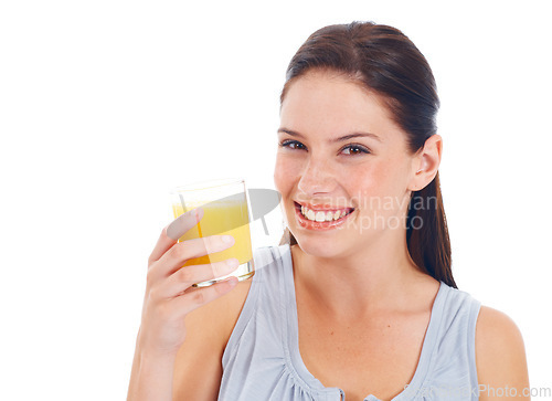 Image of Orange juice, portrait and studio woman with glass drink for hydration, liquid detox or natural weight loss. Nutritionist wellness, vitamin c and happy female person isolated on white background