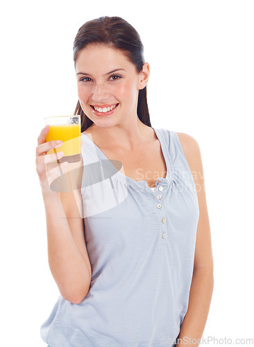 Image of Orange juice, studio portrait and happy woman with glass drink for hydration, liquid detox or natural weight loss. Healthcare wellness, nutritionist beverage and model isolated on white background