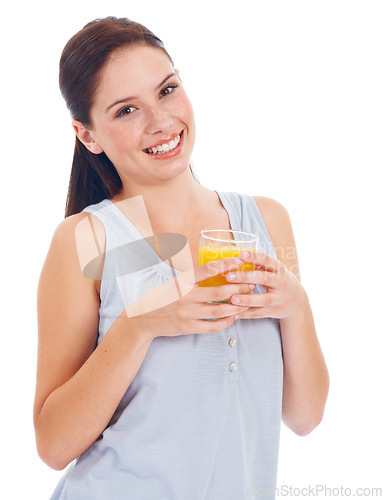 Image of Orange juice, portrait smile and studio woman with drink glass for hydration, liquid detox or natural weight loss. Healthcare wellness, nutritionist beverage and model isolated on white background