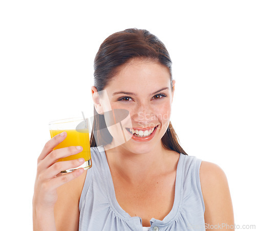Image of Orange juice, portrait smile and woman with glass drink for hydration, liquid detox or natural weight loss. Healthcare wellness, nutritionist beverage and studio model isolated on white background