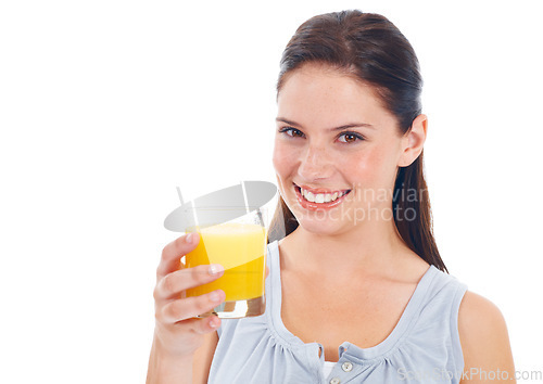 Image of Orange juice, studio health portrait and happy woman with drink glass for hydration, liquid detox or natural weight loss. Wellness, nutritionist beverage and model isolated on mockup white background