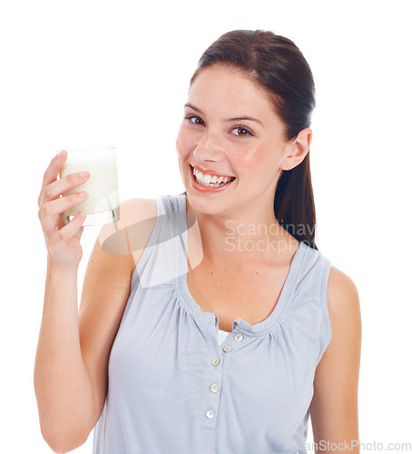 Image of Portrait smile, happy woman and milk glass for healthy benefits, bone health or nutritionist hydration drink. Calcium dairy product, studio wellness girl or female person isolated on white background