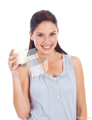 Image of Happy woman, portrait and glass of dairy milk for vitamin D healthcare benefits, bone health or nutritionist hydration drink. Calcium product, wellness and studio model isolated on white background