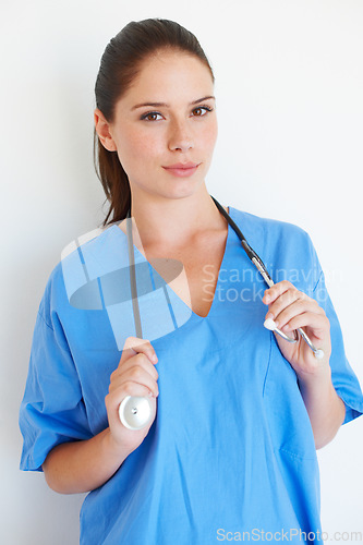 Image of Studio portrait, stethoscope or healthcare nurse ready for nursing career, health care service or cardiology support. Medicine doctor, caregiver woman or hospital surgeon isolated on white background