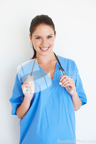 Image of Happy portrait, stethoscope and nurse smile for nursing studio, wellness service or cardiology healthcare support. Medicine doctor, caregiver woman or hospital surgeon isolated on white background