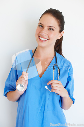 Image of Health portrait, stethoscope and nurse happy for nursing career, medical healthcare or cardiology studio. Medicine doctor, caregiver woman or hospital surgeon with smile isolated on white background