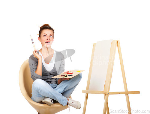 Image of Painting, thinking and woman with art canvas in studio for creativity and talent with paint brush for color. Female artist or painter isolated on a white background for creative work and mockup ideas