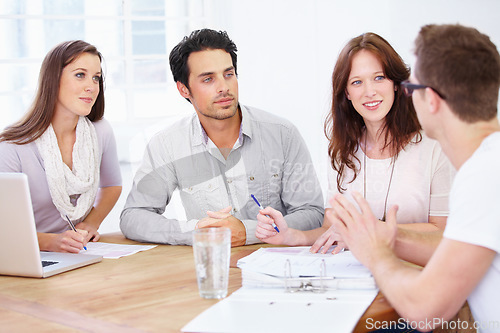 Image of Meeting, planning and business people or manager with documents, seminar collaboration and talking of project. Paperwork, laptop and speaker with group listening to discussion of office startup ideas