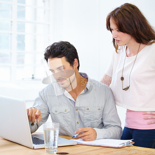 Image of Computer, focus and business people planning, reading and review for website design, online launch and brainstorming in office. Professional woman and partner or boss on laptop for ideas and feedback