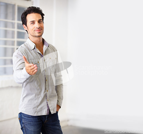 Image of Portrait, man and realtor with handshake to welcome you to house, home or property with mockup space. Face, shaking hands and male real estate agent with deal, agreement and opportunity for sale.