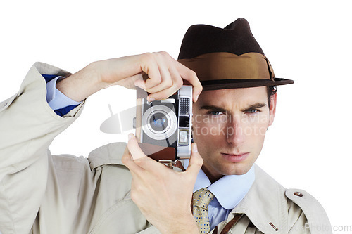 Image of Detective, camera and spy with portrait of man in studio for surveillance, reporter or investigation. Photography, press and secret with agent on white background for vintage, paparazzi or journalist