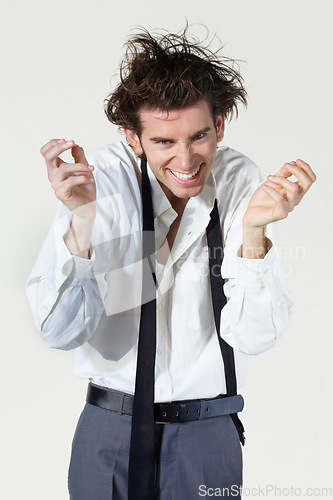Image of Crazy, insane and portrait of business man on white background with stress, frustrated and mania. Mental health, depression and face of male worker with burnout, stressed out and messy hair in studio