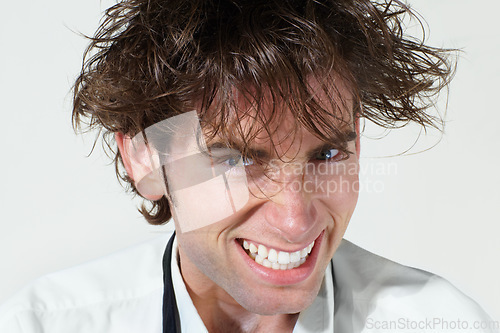 Image of Crazy, portrait and mad scientist man on white background with stress, mistake and insane hair. Mental health, psychosis and face of funny male person for chemistry, experiment and failed research