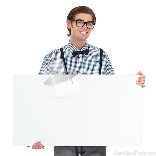 Image of Portrait, smile and man with board for mockup in studio isolated on a white background. Poster, glasses and happy, funny person or nerd with copy space for advertising, marketing or promotion banner.