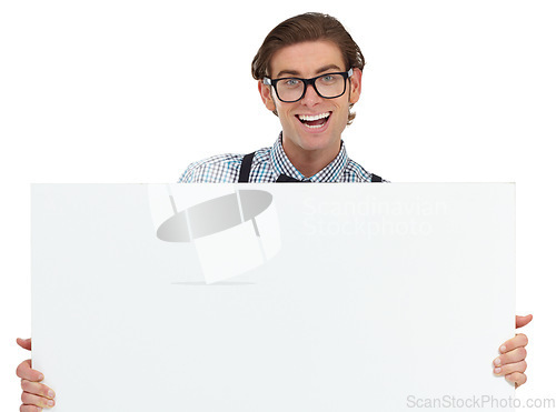 Image of Portrait, excited and man with poster for mockup in studio isolated on a white background. Board, glasses and funny male person or nerd with copy space for advertising, marketing or promotion banner