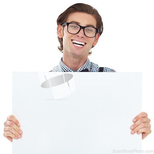 Image of Happiness, portrait and man with poster for mockup in studio isolated on white background. Board, glasses and funny male person or nerd with copy space for advertising, marketing or promotion banner,