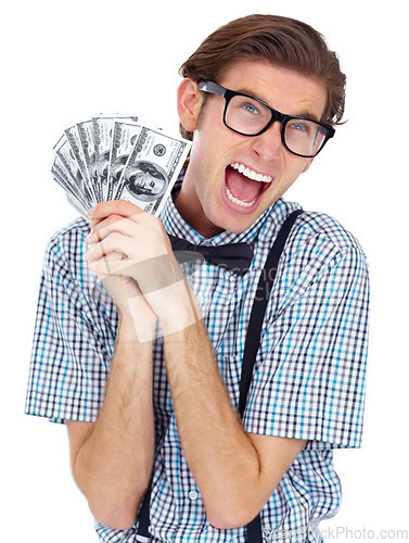 Image of Shouting, money and excited man with dollars in studio isolated on white background. Winner, scream and funny person with cash from lottery, competition or bonus prize, cashback or financial freedom.