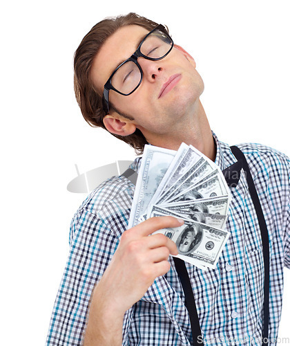 Image of Money fan, winner and man with dollars in studio isolated on a white background. Male person, cash and fanning after lottery win, competition and bonus or prize, cashback and financial freedom profit