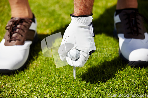 Image of Golf ball, tee and hands of man on grass field for contest, competition challenge and sports target on course. Closeup, lawn and golfer gloves with pin in ground for action, games and training gear