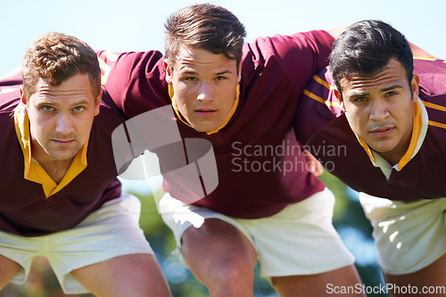 Image of Rugby, sports and men for team portrait outdoor on pitch for scrum, hug or teamwork. Male athlete group playing together in sport competition, game or training match for fitness, workout or exercise