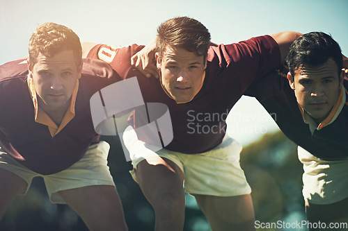 Image of Rugby team, sports and portrait of men together outdoor on pitch for scrum, teamwork or focus. Male athlete group playing in sport competition, game or training match for fitness, workout or exercise