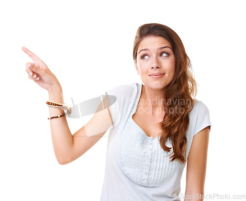 Image of Thinking, mockup and pointing with woman and idea for question, product and deal choice. Why, solution and sale with girl model wondering for beauty, decision and planning in white background studio