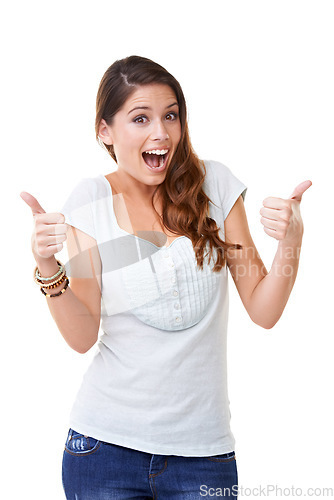 Image of Portrait, thumbs up and motivation with woman and surprise, wow smile and success against white background. Support, review and positive mindset with excited face, yes agreement and OK with thank you