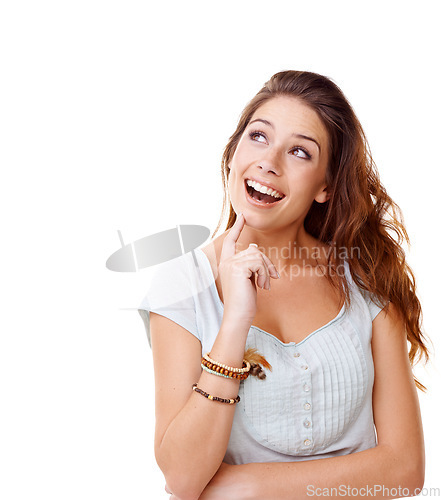 Image of Thinking, mockup and smile with woman and idea for question, product and deal choice. Why, solution and sale with female wondering for beauty, decision or planning isolated on white background studio