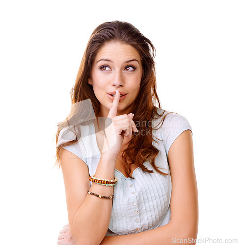Image of Secret, face and woman with lips on finger in studio, isolated white background and privacy. Female model with silence gesture on mouth for quiet, shush hands and gossip for whisper with silent emoji