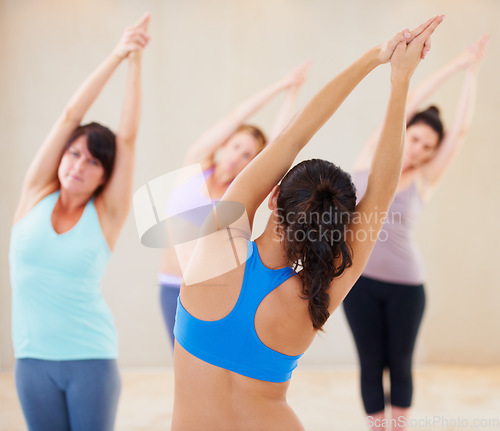 Image of Woman, yoga class and instructor stretching body for fitness, exercise or workout together in healthy wellness. Female yogi coach, mentor or personal trainer with group in warm up arm stretch at gym