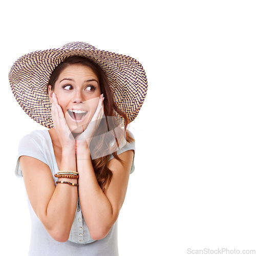 Image of Woman, surprise and happy in studio with hat for summer, fashion or excited for holiday travel. Girl model, isolated or wow on face, smile or clothes on vacation with mockup space on white background