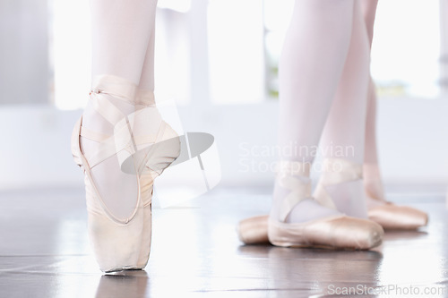 Image of Ballet, closeup of shoes and dancing class with balance, ballerina dancer in rehearsal and training for performance. Dance lesson at academy, fitness and creative people with talent in studio