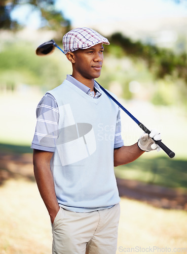 Image of Sports, relax and health with black man on golf course for training, competition and game. Hobby, fitness and exercise with male golfer and club in outdoors for golfing, summer and workout practice