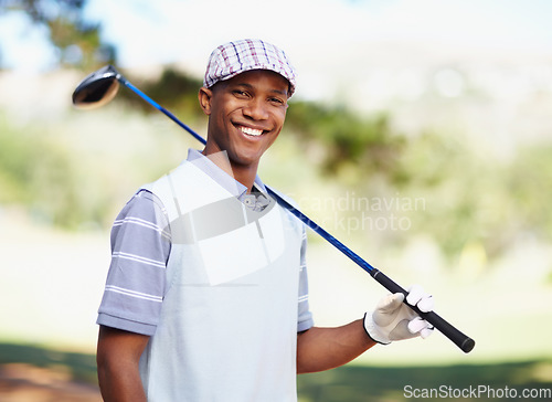 Image of Sports, smile and portrait of black man on golf course for training, competition and game. Happiness, fitness and relax with male golfer and club in outdoors for golfing, summer and workout practice