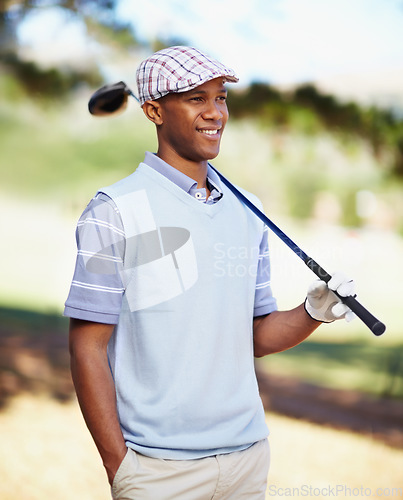 Image of Sports, relax and happy with black man on golf course for training, competition and game. Happiness, fitness and smile with male golfer and club in outdoors for golfing, summer and workout practice