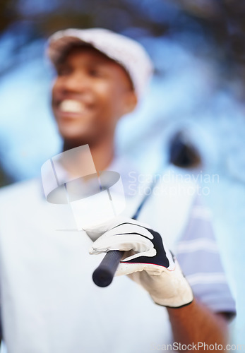 Image of Sports, club and hand with black man on golf course for training, competition and game. Happiness, fitness and relax with male golfer in outdoors for golfing, summer and workout practice