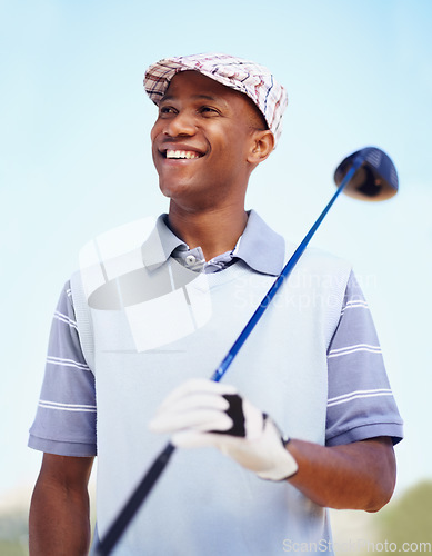 Image of Sports, game and happy with black man on golf course for training, competition and smile. Happiness, fitness and relax with male golfer and club in outdoors for golfing, summer and workout practice