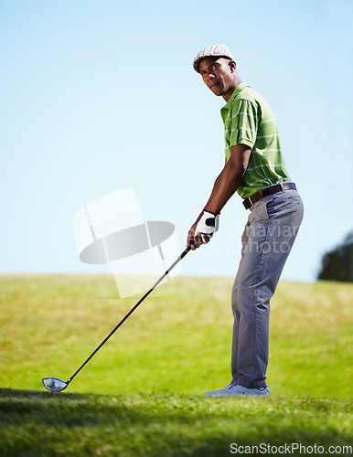 Image of Sports, golf and black man aim for stroke in game, match and competition on golfing course. Recreation, hobby and focused male athlete with club driver on grass for training, fitness and practice