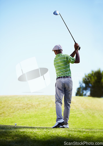 Image of Sports, golf and black man ready for stroke in game, match and competition on golfing course. Recreation, hobby and male athlete in action with club driver on grass for training, fitness and practice